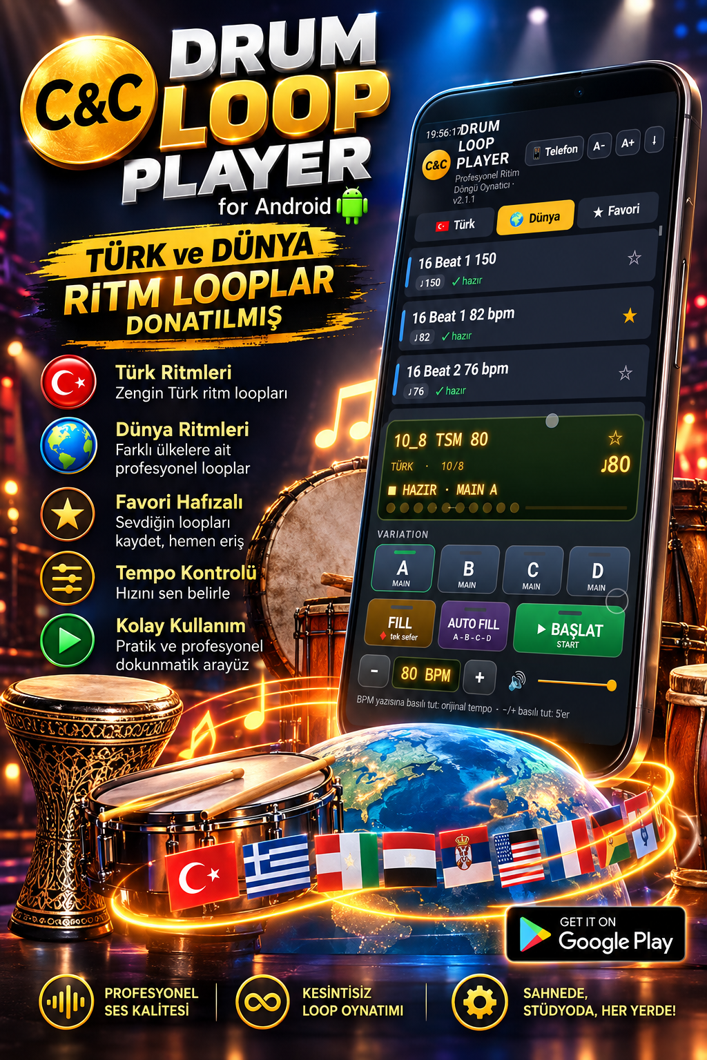C&C Drum Looper Android ritim uygulaması arayüzü