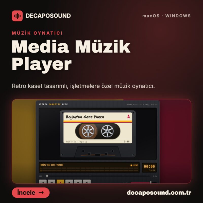 Media Müzik Player – Retro kaset tasarımlı, işletmelere özel müzik oynatıcı.